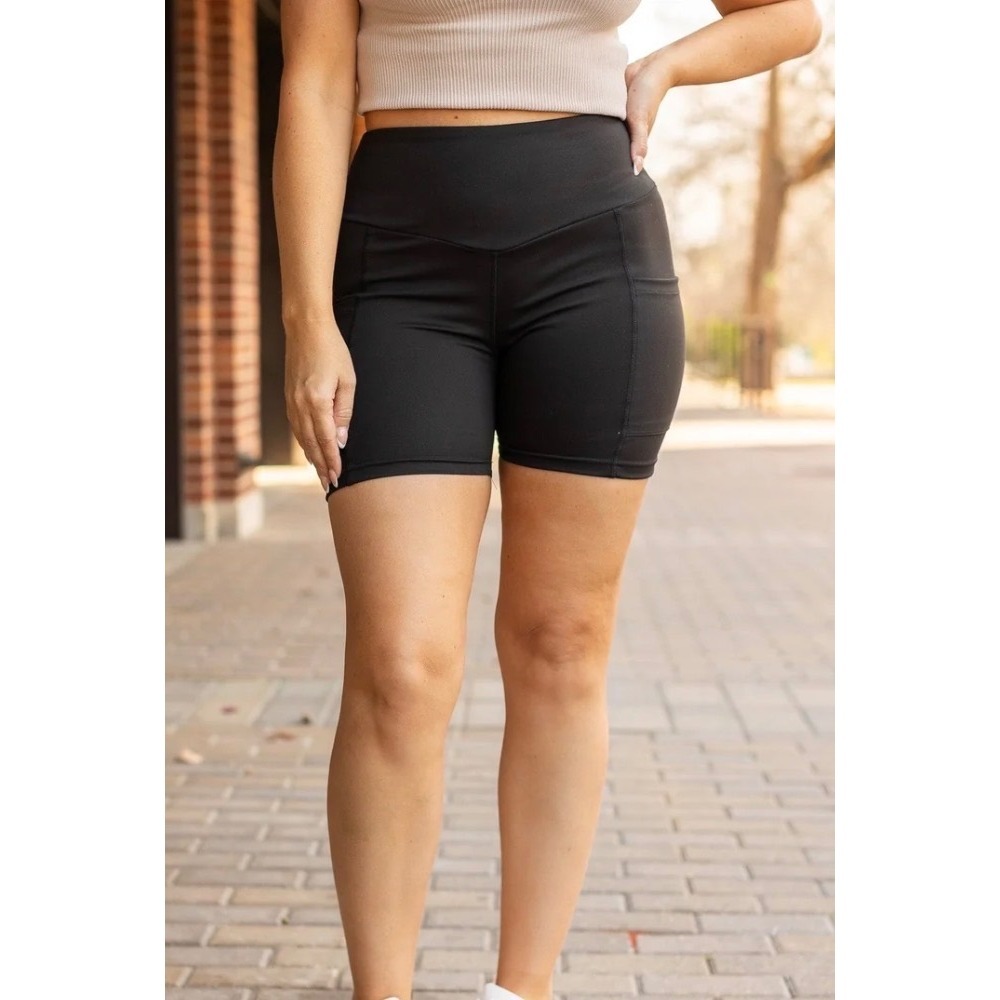 Julia Rose Callie Tummy Control Biker Shorts Black‎ S/M 5 Inch Inseam Pockets